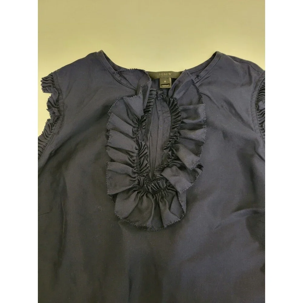 J.CREW Navy Solid Silk Twill V-Neck Ruffle Sleeveless Pullover Blouse 0